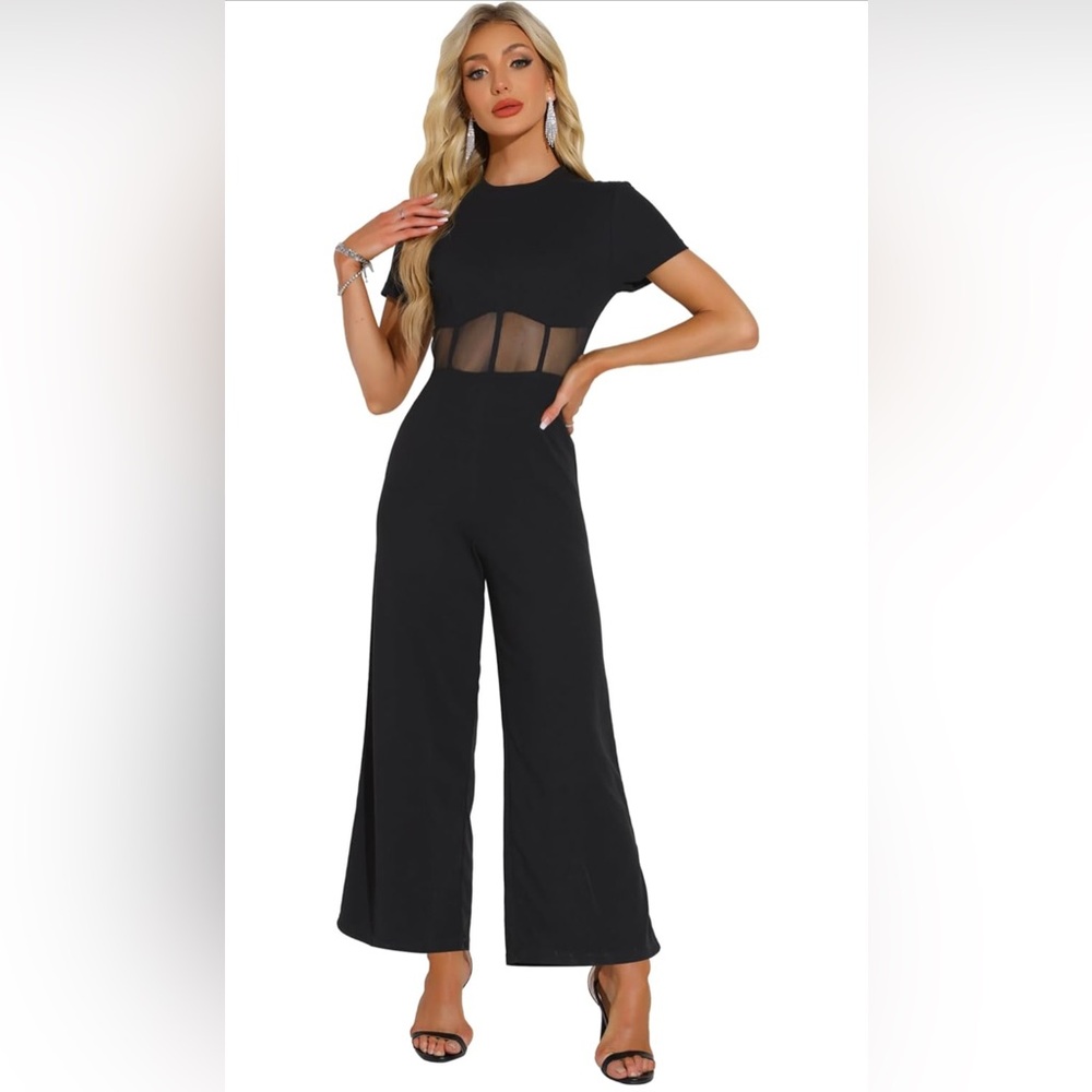 Allegra K One Piece Outfits Casual Crewneck Mesh Sheer Wide Leg Jumpsuit